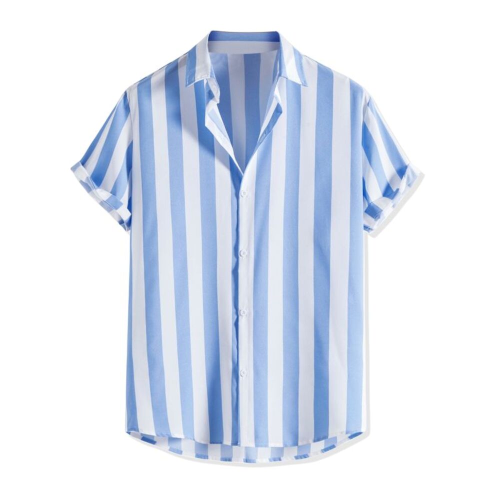 Stripe Shirt Short Sleeved Color Block Button Down Beach Shirt Light Blue